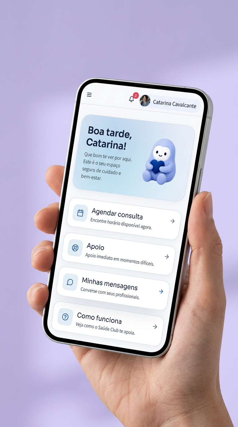 Mockup do app Assistente Inteligente mostrando dashboard do paciente com próximas consultas e especialista recomendada